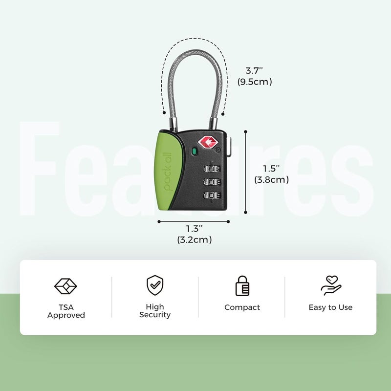 pack all TSA Approved Cable Luggage Locks, 3 Digit Combination Padlocks, Travel Lock for Suitcases & Bag, Alloy Body, Travel Accessories (4 Pack)（Apple Green） - Image 2